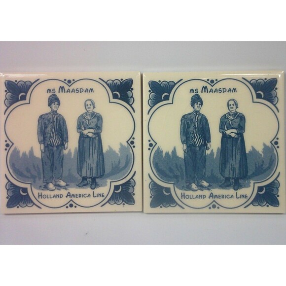 Vintage Holland America Cruise Line MS Maasdam Delft Blue Tile Coasters Set of 2 - Picture 1 of 3